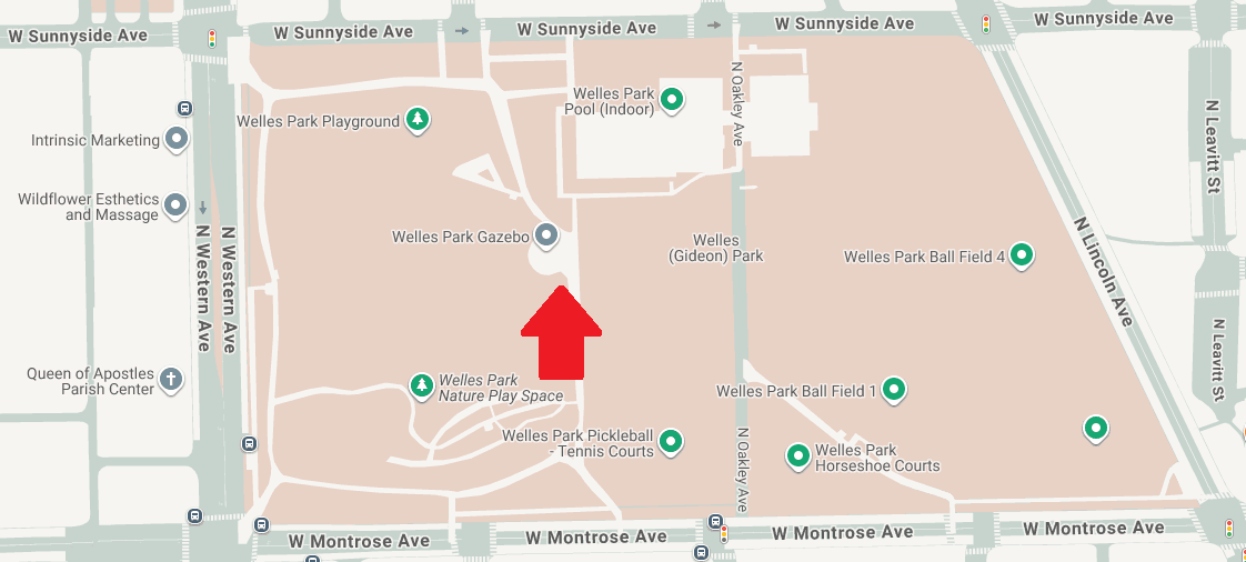 Map of Welles Park, bounded by Sunnyside Ave (north), Lincoln Ave (east), Montrose Ave (South), and Western Ave (west). The gazebo is highlighted, just slightly to the west of the center of the park.